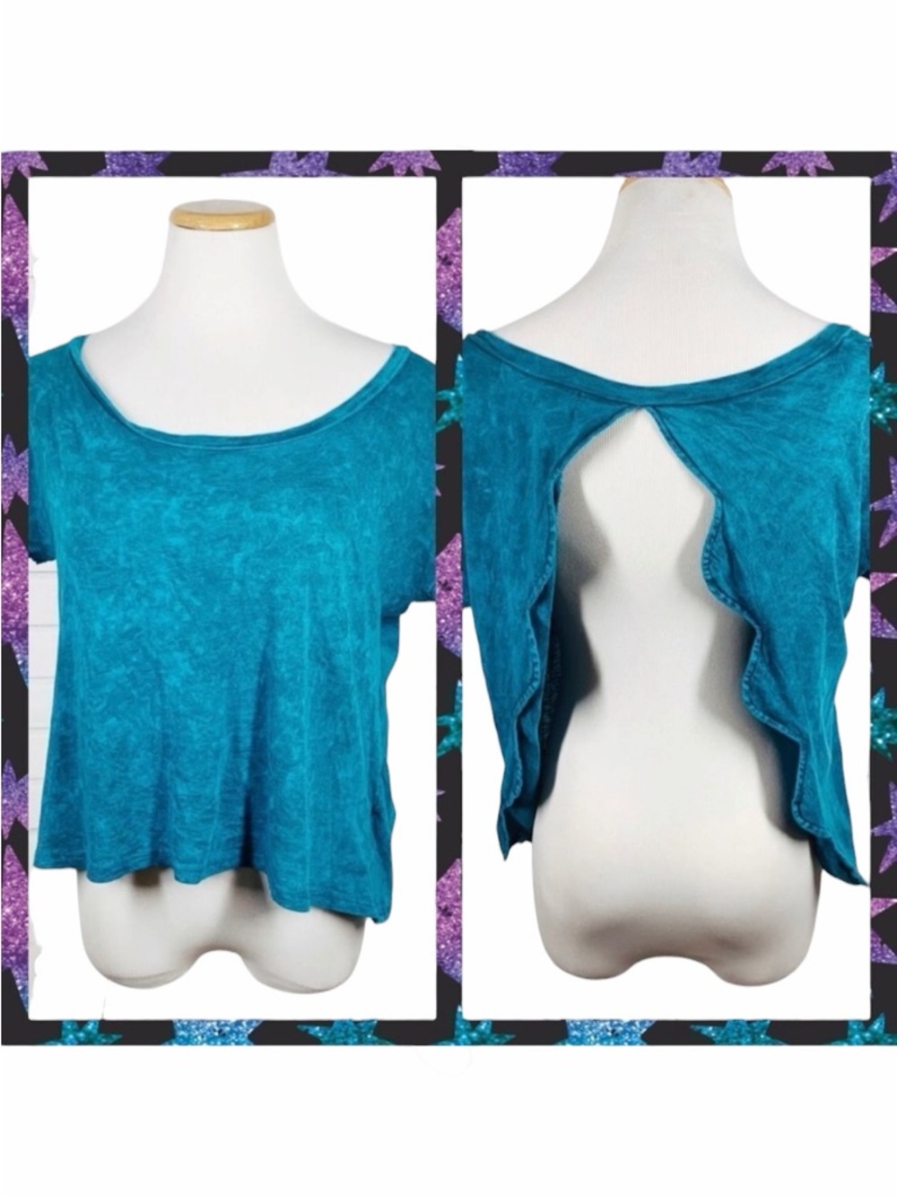 Project Social Teal Scalloped Cropped Open Back Tee - Size Medium